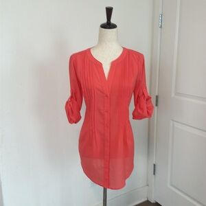 BCBG Coral Pink Pleated Button-Front Blouse